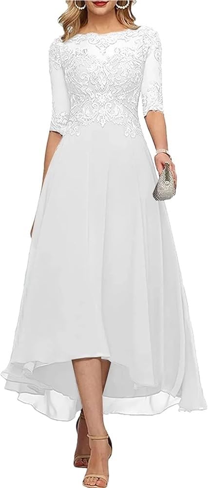 41ABYbu9gOL.jpg Backless Chiffon Wedding Dresses for Women High Low Tea Length Beaded Lace Formal Evening Gowns