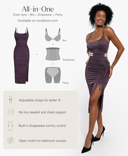 41AU5NGk5sL.jpg Sparkly Cocktail Dresses for Women Tummy Control Formal Shapewear Dress Square Neck Ruched Midi Dress Side Slit