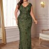 41AVnnXPs9L.jpg Plus Size Womens Sequined Long Evening Gown Glamous Sleeveless V-Neck Mermaid Prom Dress for Wedding Party