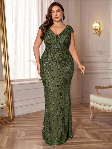 41AVnnXPs9L.jpg Plus Size Womens Sequined Long Evening Gown Glamous Sleeveless V-Neck Mermaid Prom Dress for Wedding Party