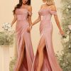 Off Shoulder Satin Bridesmaid Dress Long Mermaid Corset Prom Dress for Women Formal Gown with Slit