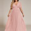 41BXCeOYR2L.jpg Women's A Line V Neck Glitter Short Sleeves Pleated Plus Size Formal Evening Dresses 11961-DA