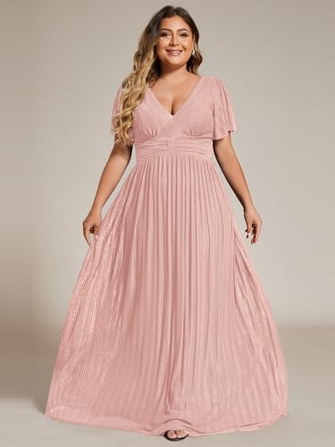 41BXCeOYR2L.jpg Women's A Line V Neck Glitter Short Sleeves Pleated Plus Size Formal Evening Dresses 11961-DA
