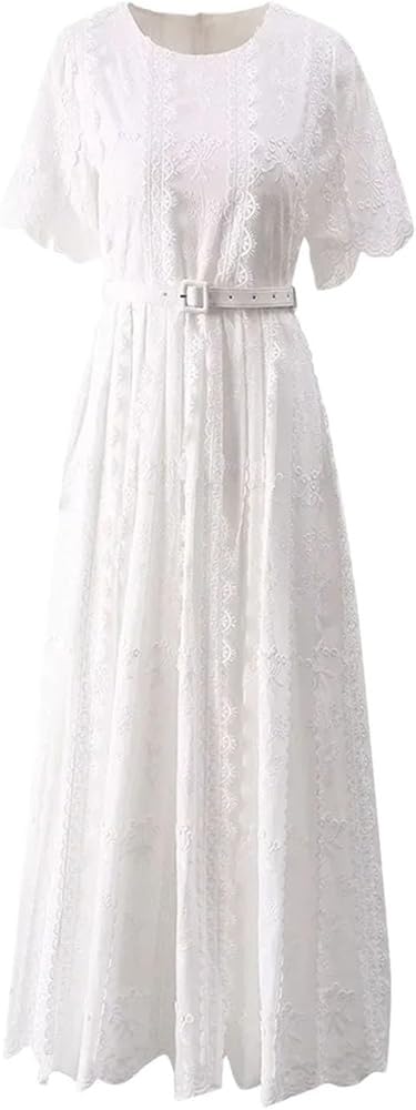 Women's White Vintage Casual Daily Wear Vacation Dresses Flower Embroidery Lace Princess Dress
