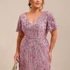 Women's V Neck Short Sleeves Bodycon Sequin Maxi Plus Size Formal Dresses