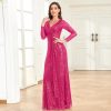 Glitter Sequin Formal Evening Gown Long Sleeve V Neck Wedding Guest Dress for Women