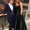 Womens Long Strapless Satin Prom Dress Sleeveless Slit Evening Ball Gown with Pockets