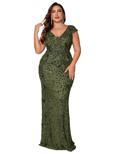 41J4EgitJjL.jpg Plus Size Womens Sequined Long Evening Gown Glamous Sleeveless V-Neck Mermaid Prom Dress for Wedding Party