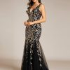 Women's Formal Dress Sequin Tulle Double V-Neck Sleeveless Mermaid Long Evening Dress 07886