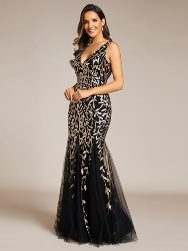 Women's Formal Dress Sequin Tulle Double V-Neck Sleeveless Mermaid Long Evening Dress 07886