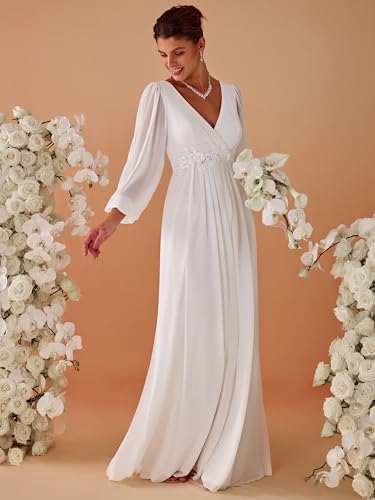 41MtK6JMmFL.jpg Women's V Neck Long Sleeves Floor Length Ruched Chiffon Formal Dress 00461