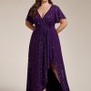 Women's Glitter Stretchy V Neck A-line High Low Plus Size Formal Dresses with Ruffles Sleeves 01738-PH