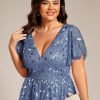 41NR-3Wl1jL.jpg Women's V Neck Short Sleeves Embroidery Empire Waist Sequin Plus Size Midi Cocktail Wedding Guest Dresses 2230-DA