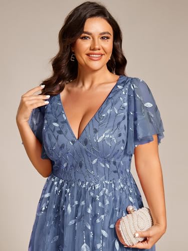 41NR-3Wl1jL.jpg Women's V Neck Short Sleeves Embroidery Empire Waist Sequin Plus Size Midi Cocktail Wedding Guest Dresses 2230-DA