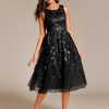 Women's Sequin Sparkly Crew Neck Short Sleeve Tea Length Evening Dress 20736