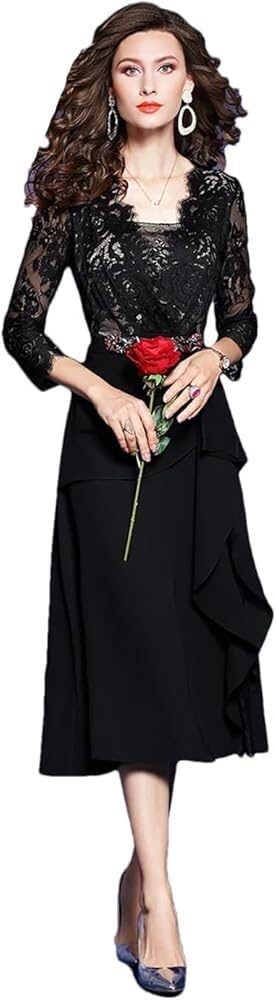 41RgHv9PRrL.jpg Women Elegant Cocktail Party Dress Ruffles Lace Midi Dresses Fashionable Appliques Bodycon Formal Evening Guest Outfit