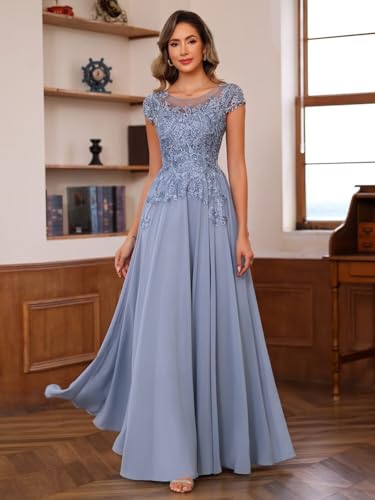 Women's Lace Applique Mother of The Bride Dress Cap Sleeves Round Neck Evening Gown NO195