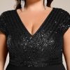 Women's Summer V Neck A Line Sequin Cap Sleeves Tea Length Plus Size Formal Wedding Guest Dresses