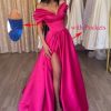 Women's Off The Shoulder Satin Prom Dress with Pockets Long Backless A-Line Formal Evening Gowns with Slit