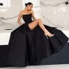 Womens Long Strapless Satin Prom Dress Sleeveless Slit Evening Ball Gown with Pockets
