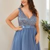 41UOYrMx50L.jpg Womens Double V Neck A Line High Low Sequin Tulle Plus Size Formal Dresses for Curvy Women 0147A-DA
