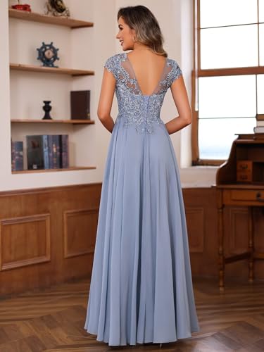 Women's Lace Applique Mother of The Bride Dress Cap Sleeves Round Neck Evening Gown NO195