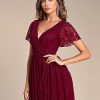 Women's Lace V Neck Ruffles Sleeves Pleated Empire Waist A-Line Maxi Formal Dresses 01489