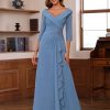 Chiffon Mother of The Bride Dresses for Wedding with 3/4 Sleeves Long Ruched Applique Formal Dress RS111