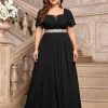 Women's Plus Size Floral Lace Ruffle Sleeves Beads Waist Chiffon Formal Party Maxi Dress