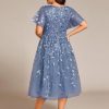 41ZVhogTAiL.jpg Women's V Neck Short Sleeves Embroidery Empire Waist Sequin Plus Size Midi Cocktail Wedding Guest Dresses 2230-DA