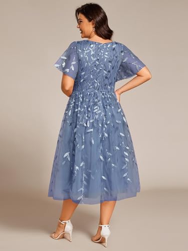 41ZVhogTAiL.jpg Women's V Neck Short Sleeves Embroidery Empire Waist Sequin Plus Size Midi Cocktail Wedding Guest Dresses 2230-DA