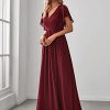 Women's Bridesmaid Dress V-Neck Ruffle Sleeves Ruched Bust Floor Length Chiffon Formal Dresses 0164A