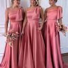 One Shoulder Bridesmaid Dress with Bow Long Prom Dress Satin Formal Gown with Slit BI151