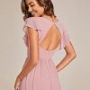 Women's Flowy Chiffon A Line Ruffles Sleeves Back Cutout Bridesmaid Dresses 01819