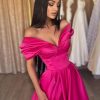 Women's Off The Shoulder Satin Prom Dress with Pockets Long Backless A-Line Formal Evening Gowns with Slit