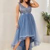 41gqJV6chJL.jpg Womens Double V Neck A Line High Low Sequin Tulle Plus Size Formal Dresses for Curvy Women 0147A-DA