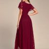 Women's Lace V Neck Ruffles Sleeves Pleated Empire Waist A-Line Maxi Formal Dresses 01489