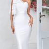 Women's One Shoulder Cocktail Bandage Dress Midi Party Mesh Bow Bodycon Wedding Guest Dresses