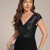 41i8HyH6OQL.jpg Women's Elegant V Neck Sequin Short Sleeve Hi-Lo Tea Length Evening Gowns 02325