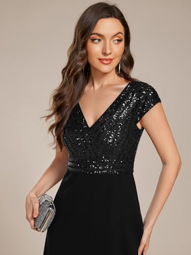 41i8HyH6OQL.jpg Women's Elegant V Neck Sequin Short Sleeve Hi-Lo Tea Length Evening Gowns 02325