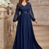 Women's Wedding Guest A-Line Dress Floral Lace Deep V Neck Long Sleeve Formal Evening Gown