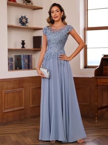 Women's Lace Applique Mother of The Bride Dress Cap Sleeves Round Neck Evening Gown NO195