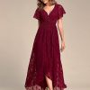 Women's Lace V Neck Ruffles Sleeves Pleated Empire Waist A-Line Maxi Formal Dresses 01489