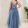 41pS8TXPGCL.jpg Womens Double V Neck A Line High Low Sequin Tulle Plus Size Formal Dresses for Curvy Women 0147A-DA