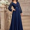 Women's Wedding Guest A-Line Dress Floral Lace Deep V Neck Long Sleeve Formal Evening Gown