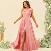 One Shoulder Bridesmaid Dress with Bow Long Prom Dress Satin Formal Gown with Slit BI151