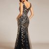 Women's Formal Dress Sequin Tulle Double V-Neck Sleeveless Mermaid Long Evening Dress 07886