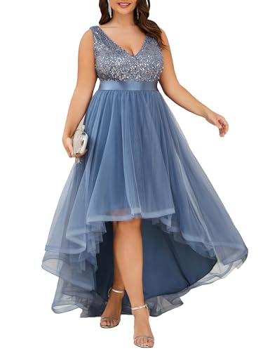 41v8e92LGtL.jpg Womens Double V Neck A Line High Low Sequin Tulle Plus Size Formal Dresses for Curvy Women 0147A-DA