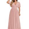 41wyP7es9tL.jpg Women's A Line V Neck Glitter Short Sleeves Pleated Plus Size Formal Evening Dresses 11961-DA
