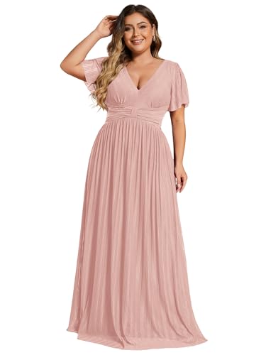 41wyP7es9tL.jpg Women's A Line V Neck Glitter Short Sleeves Pleated Plus Size Formal Evening Dresses 11961-DA